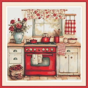 May include: A watercolor illustration of a cozy kitchen scene. A red stove and kettle are prominent, complemented by a vase of red roses and a window with a floral curtain. The overall theme is a vintage, country kitchen.