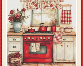 Vintage Red Kitchen 4 Cross Stitch Pattern, Retro Cottage Kitchen Embroidery PDF.