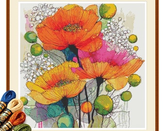 Colorful Poppies Cross Stitch Pattern PDF, Abstract Watercolor Floral Art