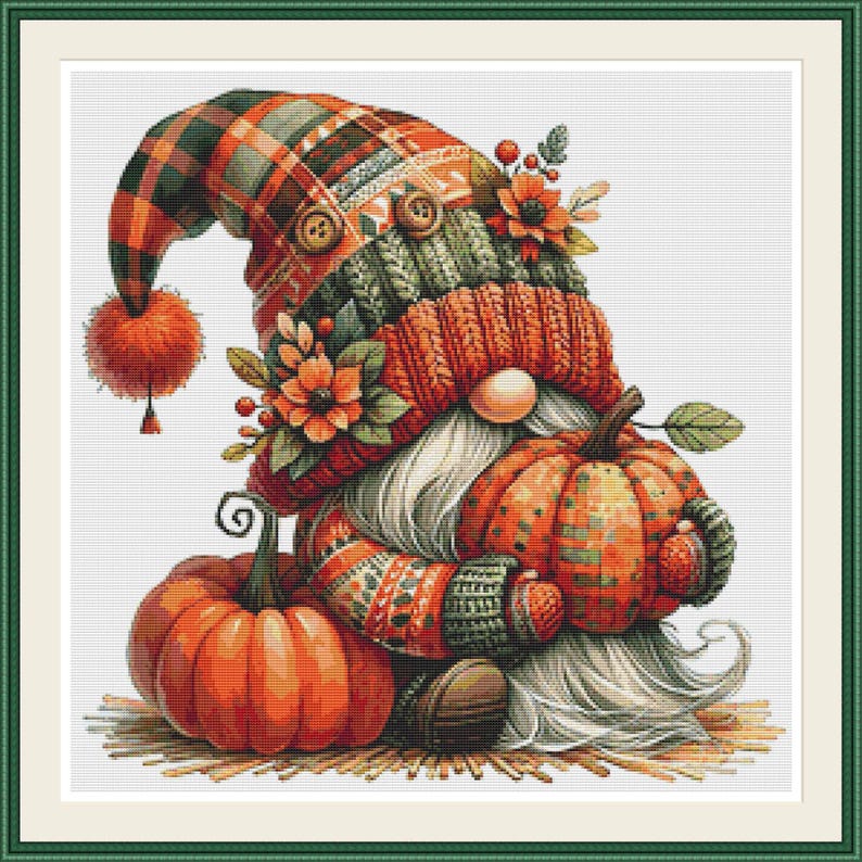 May include: A cross-stitch pattern featuring a gnome wearing a plaid and knit hat with a pom-pom, holding a pumpkin. The gnome has a long white beard, a round nose, and is decorated with orange flowers and berries, with another pumpkin nearby.