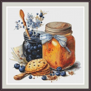 Blueberry and Honey 1. PDF Cross stitch pattern, Blueberry, Honey Jar, Kitchen decor, Cross stitch chart, Embroidery pattern.