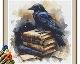 Mystic Raven Library Cross Stitch Pattern, Dark Academia Book Stack PDF