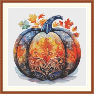 May include: A colorful, ornate pumpkin with a blue stem and fall leaves. The pumpkin is decorated with intricate swirls and patterns in shades of orange, yellow, blue, and brown.