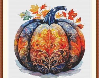 Pumpkin 4 Cross Stitch Pattern, Ornate Autumn Pumpkin Embroidery PDF Chart.