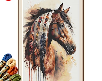Feathered Horse Portrait Cross Stitch Pattern PDF, Watercolor Tribal Art, Indian Horse No2