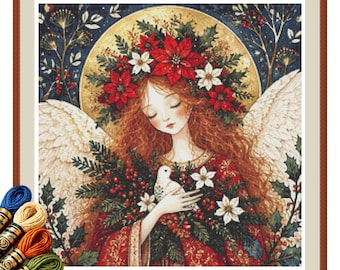 Christmas Angel with Dove Cross Stitch Pattern PDF, Poinsettia and Holly