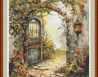 The Garden's Door 1 Cross Stitch Pattern: Floral Archway Embroidery PDF Chart.