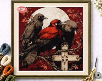 Corbeau rouge au point de croix, motif oiseau gothique foncé, tableau de broderie PDF.