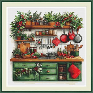 May include: A cross-stitch pattern depicting a kitchen scene with green cabinets, wooden countertops, and shelves filled with potted plants, jars, and hanging cookware. Red berries, kitchen utensils, a stove, and a red oven mitt are visible.