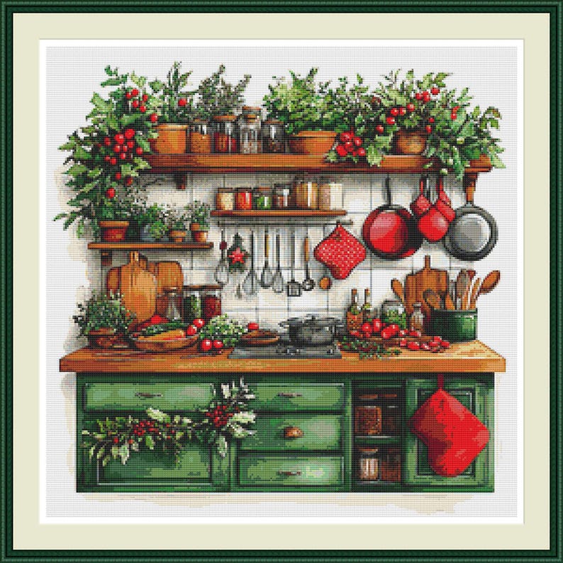May include: A cross-stitch pattern depicting a kitchen scene with green cabinets, wooden countertops, and shelves filled with potted plants, jars, and hanging cookware. Red berries, kitchen utensils, a stove, and a red oven mitt are visible.