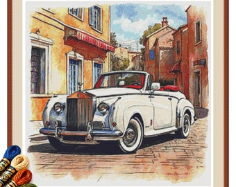 Wit vintage cabriolet kruissteekpatroon, klassieke auto-pdf, borduurkaart luxe retro voertuig