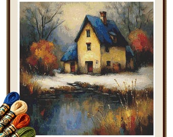 Blue Roof Cottage by the Winter Stream Cross Stitch Pattern PDF