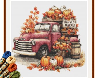 Harvest Market Truck Cross Stitch Pattern PDF, Vintage Pumpkin Farm Scene