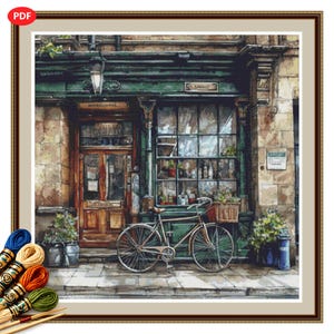 Old Store Cross Stitch Pattern PDF No1 – Vintage Shopfront Street Scene.