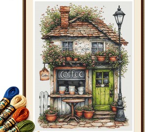 Vintage Coffee Shop Cross Stitch Pattern PDF, Cozy Cottage Café