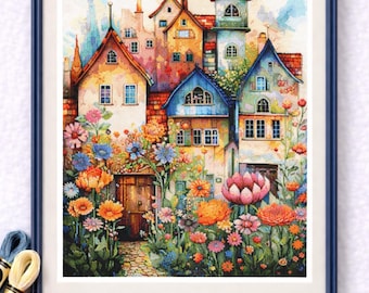 Modèle de point de croix avec maisons de jardin fantaisistes, village de cottages colorés PDF