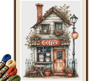 Rustic Cottage Coffee Shop Cross Stitch Pattern PDF, Vintage Café Scene