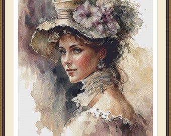 Romantic Lady 3 Cross Stitch Pattern, Elegant Victorian Woman PDF Embroidery.
