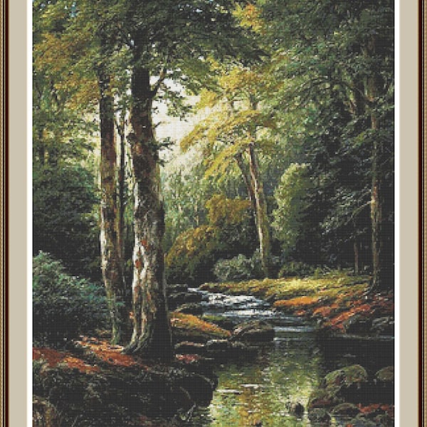 The Forest Stream Cross Stitch Pattern, Woodland River Landscape PDF.