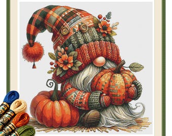 Autumn Pumpkin Gnome Cross Stitch Pattern PDF, Quilted Folk Art Design