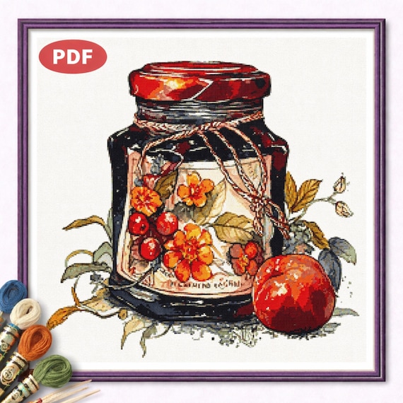 Farmhouse Preserves Cross Stitch Pattern Vintage Kitchen Canning Decor PDF