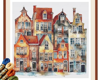 Wzór haftu krzyżykowego „Domy Amsterdam” nr 2 w formacie PDF: Nowoczesny schemat haftu.