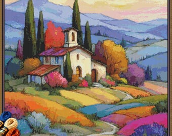 Tuscan Church Landscape Cross Stitch Pattern, Colorful Hills PDF, Mediterranean Village Embroidery.