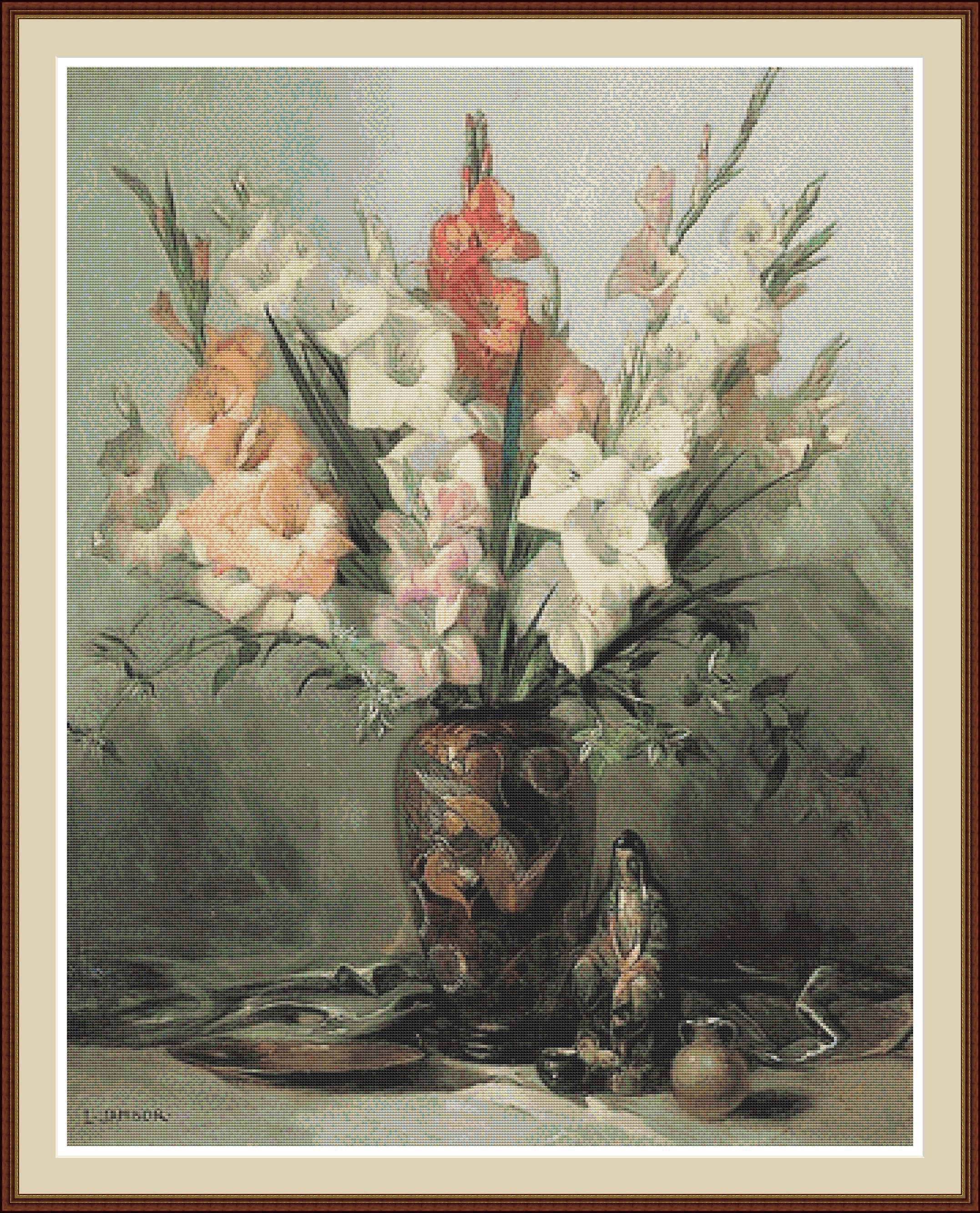 Gladioli in a Oriental Vase With Ornaments on a Draped Table. | Etsy