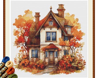 Cozy Autumn Cottage Cross Stitch Pattern : Cottagecore Fall PDF Instant Download