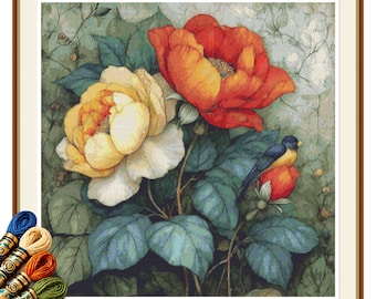 Bluebird Rose Garden Cross Stitch Pattern PDF, Vintage Floral Bird Design