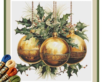 Golden Holly Baubles Cross Stitch Pattern PDF, Elegant Christmas Ornaments