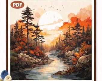 Modèle de point de croix, paysage forestier d'automne, rivière, scène naturelle PDF
