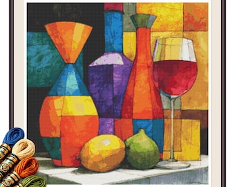 Colorful Wine Still Life Cross Stitch Pattern PDF, Cubist Fruit Art