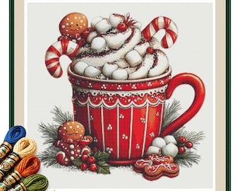 Christmas Hot Chocolate Cross Stitch Pattern PDF, Gingerbread Mug with Candy Canes