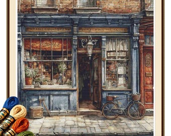 Old Store Cross Stitch Pattern PDF No2 – Vintage Shopfront with Bicycle.