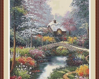 Near the Bridge, Cross stitch pattern PDF, Landscape, Cottage, Modern pattern, Hand embroidery chart, Landscape with bridge.