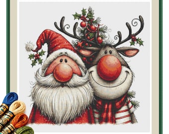 Santa and Reindeer with Christmas Tree Cross Stitch Pattern PDF