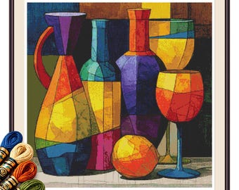 Abstract Glassware Still Life Cross Stitch Pattern PDF, Colorful Geometric Vessels