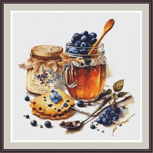 Blueberry and Honey 2.  PDF Cross stitch pattern, Blueberry, Honey Jar, Kitchen decor, Cross stitch chart, Embroidery pattern.