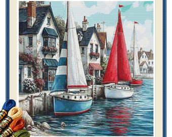 Coastal Sailboats Harbor Cross Stitch Pattern PDF