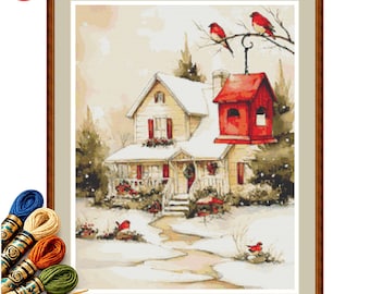 Christmas Cardinal Cottage Cross Stitch Pattern, Snowy Winter House PDF, Holiday Bird Embroidery