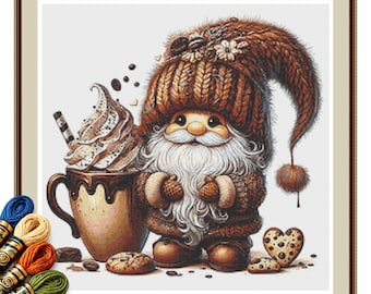 Coffee Lover Gnome Cross Stitch Pattern PDF, Cookies and Cream Needlework