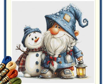 Winter Gnome and Snowman Cross Stitch Pattern PDF, Christmas Lantern Instant Download