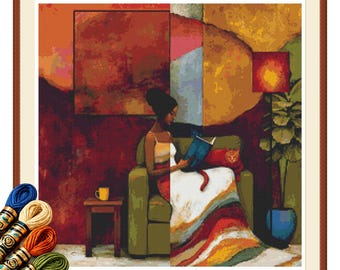 Cozy Reader and Orange Cat Cross Stitch Pattern PDF, Modern Wall Art