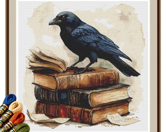 Raven Librarian Cross Stitch Pattern, Dark Academia Raven PDF, Gothic Book Lover Art