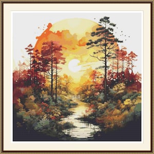 Sunset in the Forest 4.  PDF Cross stitch pattern, Landscape, Forest, Sunset, Modern pattern, Hand embroidery, Home decor.
