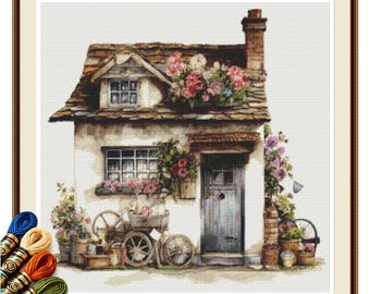 Rose Garden Cottage Cross Stitch Pattern PDF Instant Download