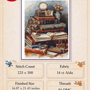 Antique Library Desk Cross Stitch Pattern PDF, Vintage Books and Writing Still Life image 6