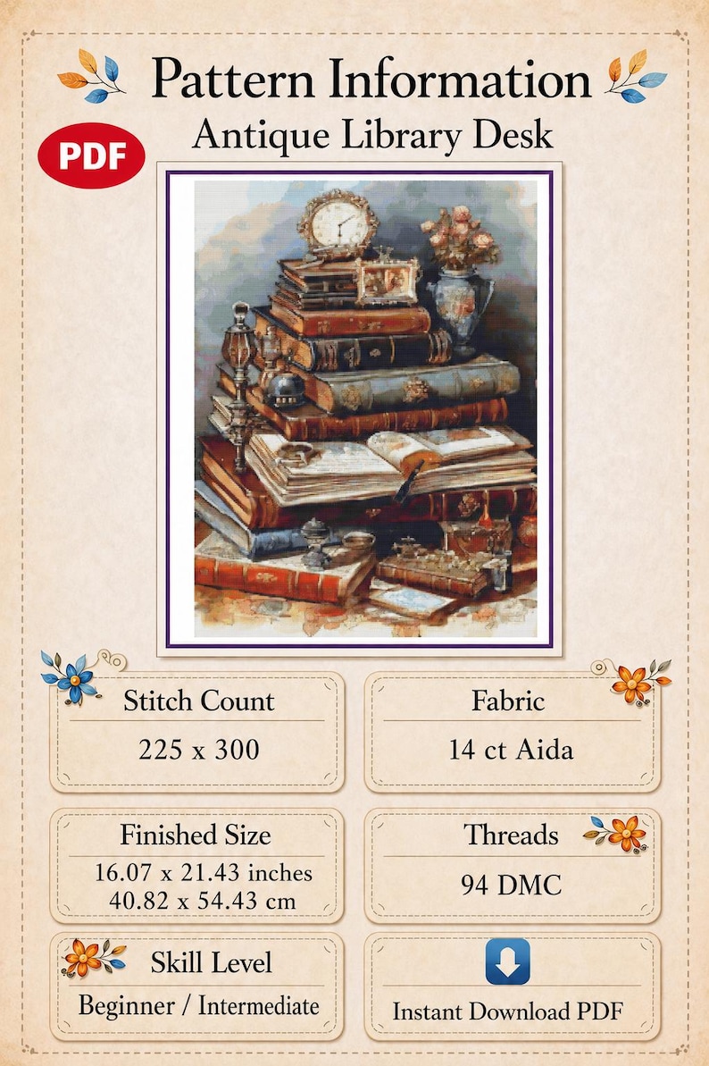 Antique Library Desk Cross Stitch Pattern PDF, Vintage Books and Writing Still Life image 6