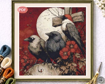 Trio de corbeaux gothiques, modèle de point de croix, art gothique sombre, tableau PDF.